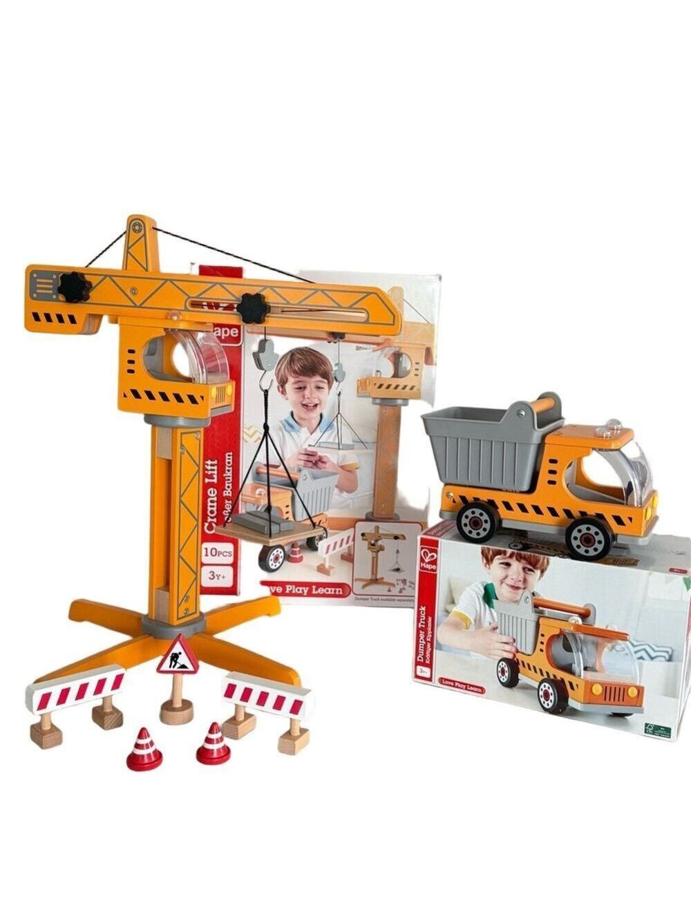 Hape Playscapes Crane Lift & Dump Truck Playset Wooden Construction Vehicles NEW